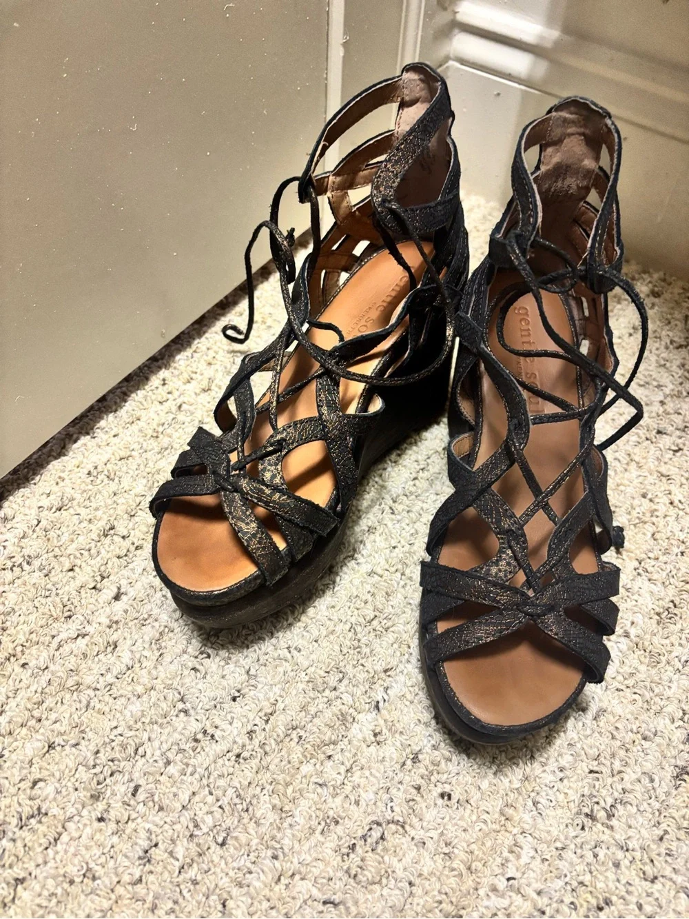 gentle souls Black Lace-Up Wedge Sandals